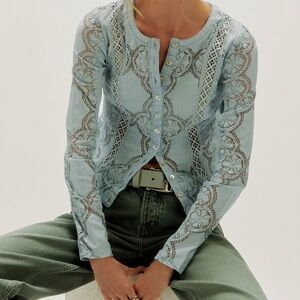 Free People Light Blue Lace Detail Top